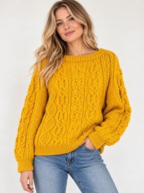 Vintage Sunny Yellow 100% Wool Thick Fisherman Sweater M